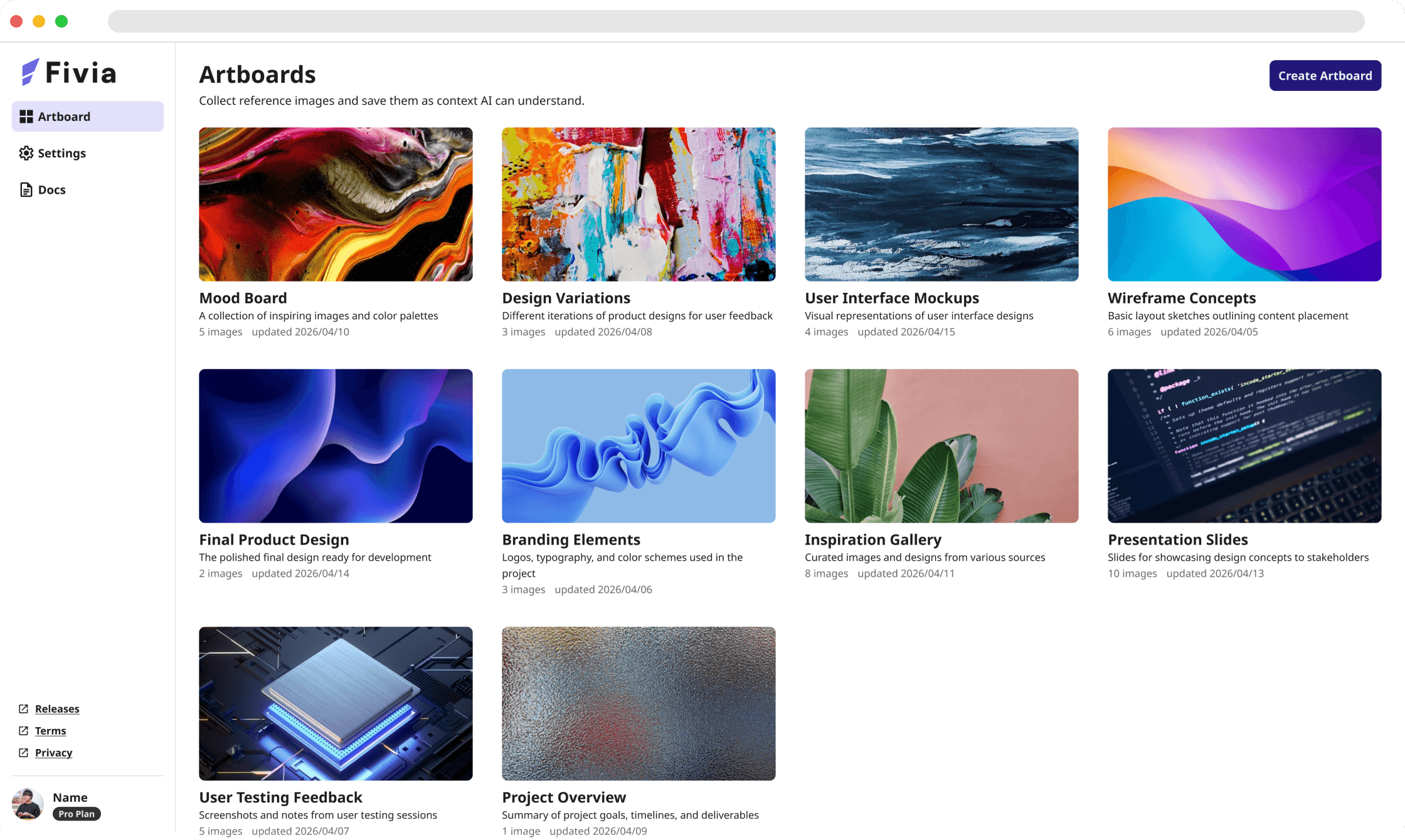 Fivia Web App — アートボードのグリッド表示